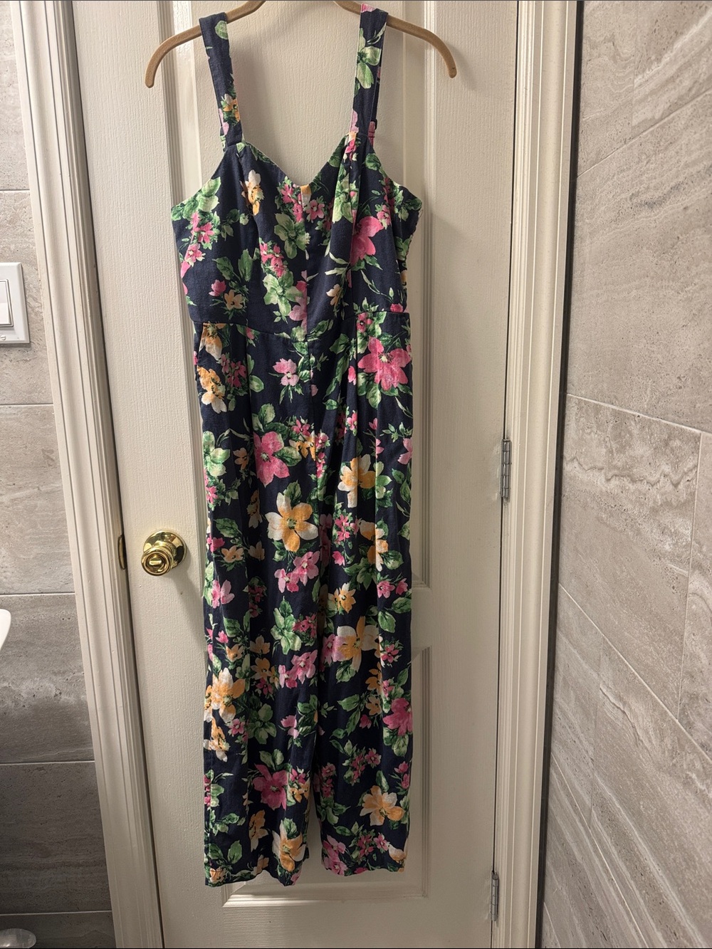 Floral Sleeveless Navy Jumpsuit with Pink & Yellow Flowers
